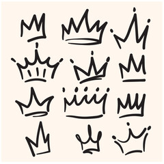 Various doodle crowns with illustration style doodle and line art