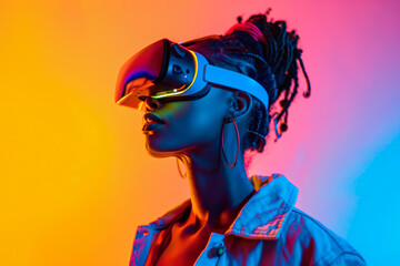 Metaverse technology, African American woman with VR virtual reality goggles, neon background, lifestyle concept