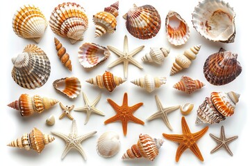 Top view of exotic sea shells and starfish on a white background.
