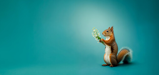 un écureuil avec un bouquet de muguet entre ses mains sur fond turquoise - obrazy, fototapety, plakaty