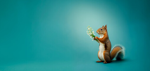 un écureuil avec un bouquet de muguet entre ses mains sur fond turquoise