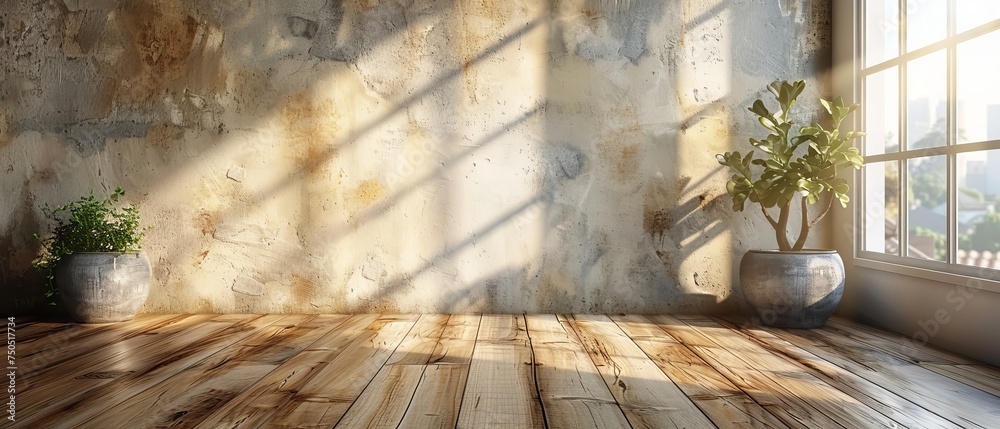 Poster model of an empty room with wood laminate floor and sunlight casting shadows on the wall. a view of 