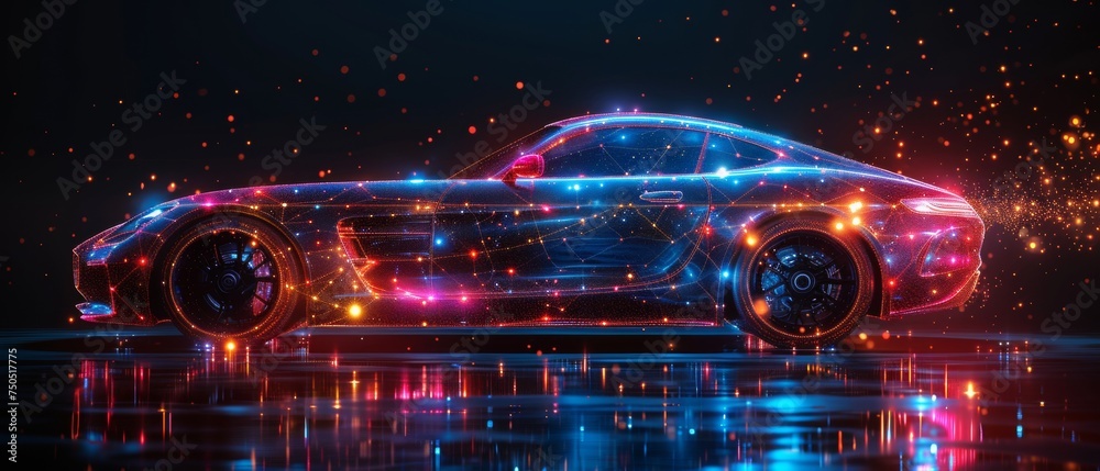 Aufkleber This is an abstract image of a car in the shape of a starry sky or space with points, lines, and shapes in the form of planets and stars.