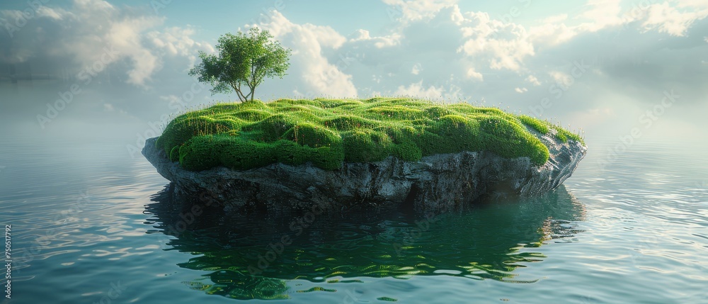 Aufkleber surreal floating landscape with a natural grass field on top of the rock, surreal floating landscape
