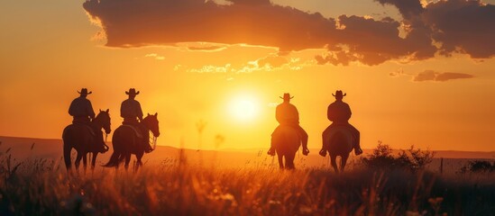Fototapeta na wymiar Silhouettes of a group of cowboys gallop on desert at sunset scene. AI generated image