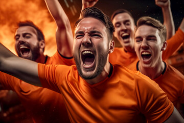 mens soccer football players celebrating a triumph win or winning a league, cup or tournament in a...