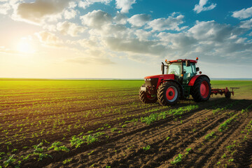 A red tractor tilling the soil in a sprouting field, bathed in the warm light of a setting sun.