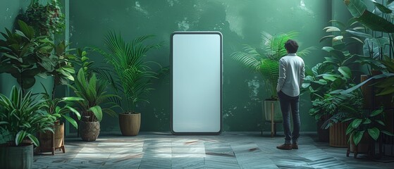 The figure is pointing at the screen of the device. A photo and 3D illustration of a man standing next to a 3D model of a smartphone with an empty white screen isolated on green background can be used - obrazy, fototapety, plakaty