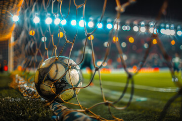 Football ball flying into the top corner of a goal. Blurred illuminated stadium in the background. Generative AI