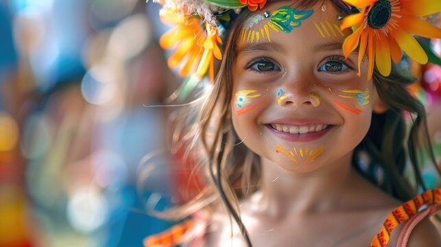 a child's face, painted with spring-themed designs, smiling joyfully at the camera, with a blurred background of the May Day festival, showcasing the joy and innocence of the celebration.