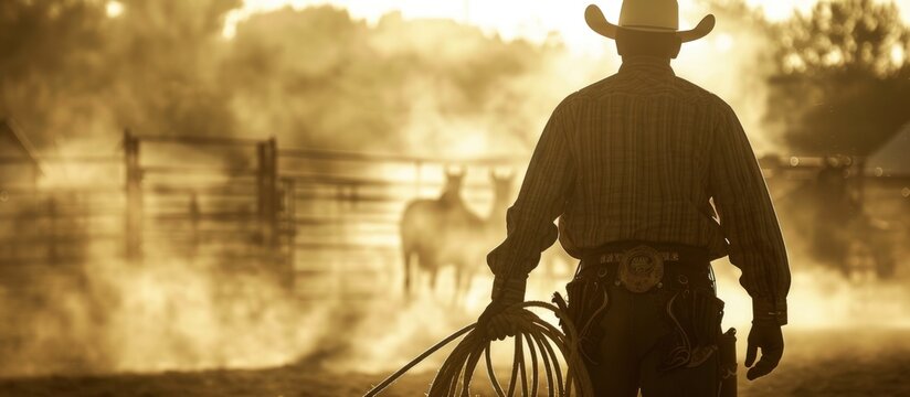 Rear view portrait a silhouette cowboy at rodeo of retro small town at sunset view. AI generated