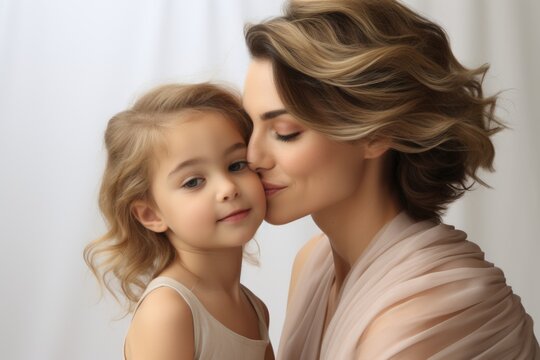 mother and child, daughter kissing happy mother isolated on background studio portrait, Mother's Day, love, family, parenthood, childhood, concept