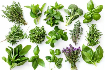 A collection of fresh herbs isolated on white - obrazy, fototapety, plakaty