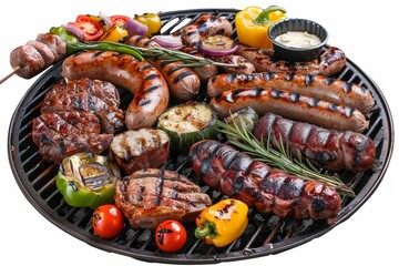 A barbecue grilled with meats and bratwursts and vegetables - obrazy, fototapety, plakaty