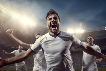 mens soccer football players celebrating a triumph win or winning a league, cup or tournament in a stadium by cheering in joy and punching the air elated in victory group of man male white kit