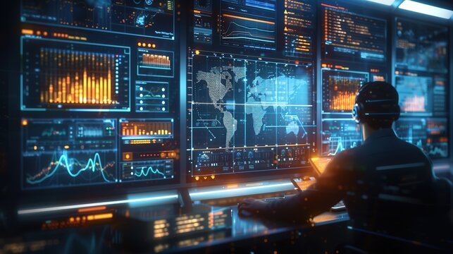 Futuristic control panel with blue lights. High tech console with futuristic screen.