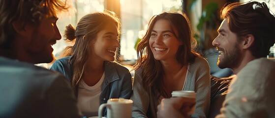 Young female friends drinking coffee in cafe. Girls drinking coffee and talking. Woman laughing. - obrazy, fototapety, plakaty