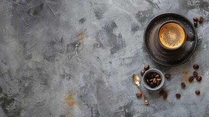 Top view of a freshly brewed espresso in a white cup with scattered coffee beans on a gray surface.