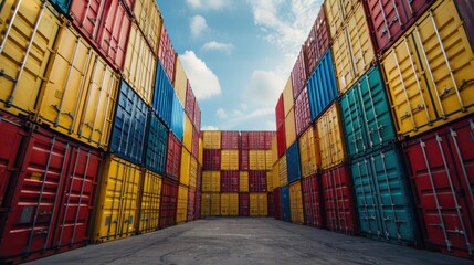 Fototapeta premium Shipping containers in various colors under a dramatic sunset sky, emphasizing global trade