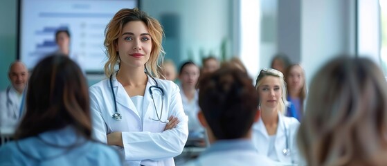 Female doctor speaks at healthcare conference. Nurses attend education event. Medical lecture. - obrazy, fototapety, plakaty
