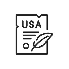 Declaration of Independence Icon with Quill, Historical USA Document Thin Line Vector. Symbolic Representation of American Liberty and National Heritage