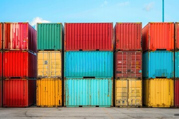 Fototapeta premium Shipping containers in various colors under a dramatic sunset sky, emphasizing global trade