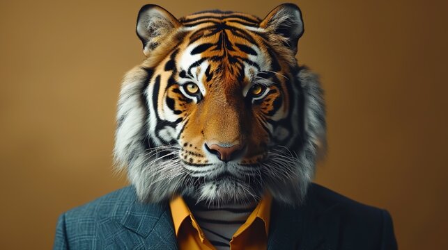 Tiger dressed in a suit standing on isolated background. Photo of tiger in a nice tuxedo.