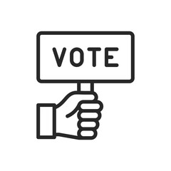 Hand Holding Vote Sign Icon. Outline Vector Illustration Encouraging Civic Duty and Political Participation in Democratic Elections.