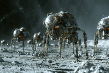 A swarm of nanobots constructing a habitat on the surface of a barren moon. A group of robots exploring lunar geological phenomenon in darkness - obrazy, fototapety, plakaty