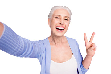 Self portrait of grey haired old nice beautiful cheerful smiling woman showing v-sign gesture....