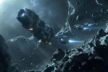 A swarm of robotic probes exploring a distant asteroid belt. A space ship navigates through...