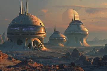 Fototapeten An alien city on the surface of a desert planet, with domed structures for protection. Ф group of futuristic buildings are sitting on top of a desert landscape © ivlianna