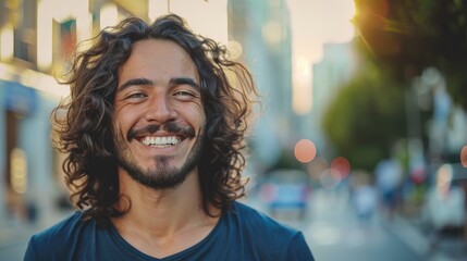 A happy latino wavy-haired man smiles widely in a bustling downtown setting, his joy contrasting with the urban environment.