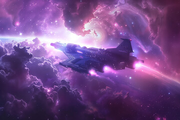 An interstellar spaceship cruising through the cosmos. Space ship traversing a violet galaxy filled...