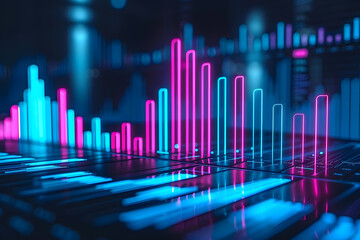 Blue and cyan neon bars chart, business growth and development and financial and investment data analysis -