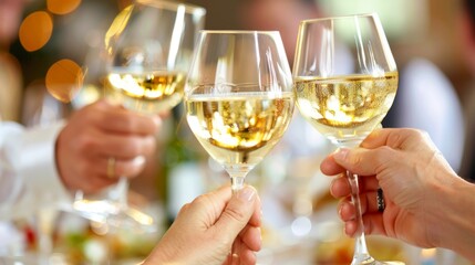Close-up of hands clinking glasses of white wine, symbolizing a toast during a celebration with golden bokeh background.