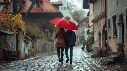 A couple, holding hands and walking down a street, staying dry under a red umbrella on a rainy day