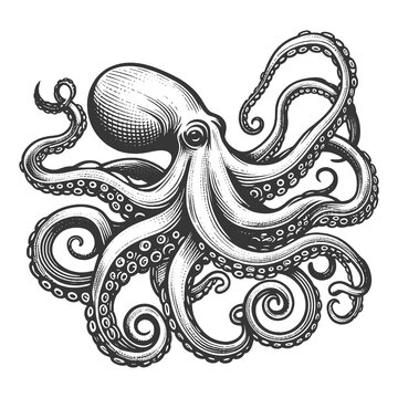 octopus sea animal food with swirling tentacles and suction cups, in a classic engraving style sketch engraving generative ai raster illustration. Scratch board imitation. Black and white image.