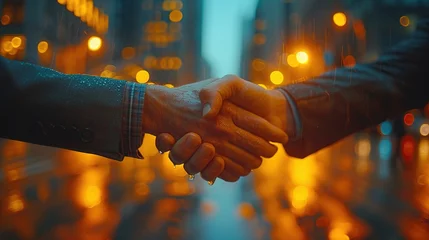 Foto op Plexiglas Two men shaking hands outdoors. Closeup of firm handshake after agreement. Handshake concept. © Danyilo