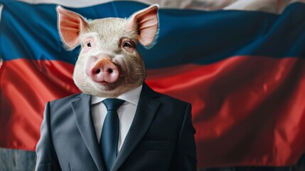 A whimsical digital creation featuring a pig in business attire with a Russian flag, suggesting political satire or national symbolism. - Powered by Adobe