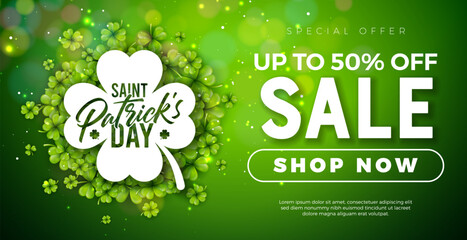 Saint Patrick's Day Sale Banner Illustration with Clover Leaves on Shiny Green Background. Irish Traditional St. Patricks Day Lucky Celebration Vector Design for Coupon, Voucher or Promotional Poster. - obrazy, fototapety, plakaty