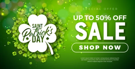 Foto op Plexiglas Saint Patrick's Day Sale Banner Illustration with Clover Leaves on Shiny Green Background. Irish Traditional St. Patricks Day Lucky Celebration Vector Design for Coupon, Voucher or Promotional Poster. © articular