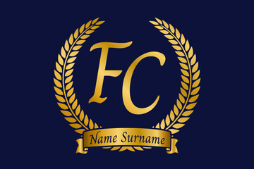 Initial letter F and C, FC monogram logo design with laurel wreath. Luxury golden calligraphy font.