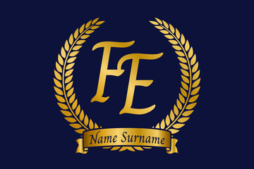 Initial letter F and E, FE monogram logo design with laurel wreath. Luxury golden calligraphy font.