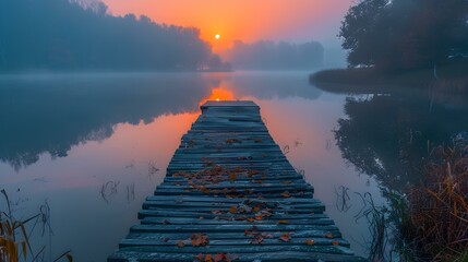 Tranquil sunrise on misty lake peaceful atmosphere near rustic wooden pier. Concept Lakeside...