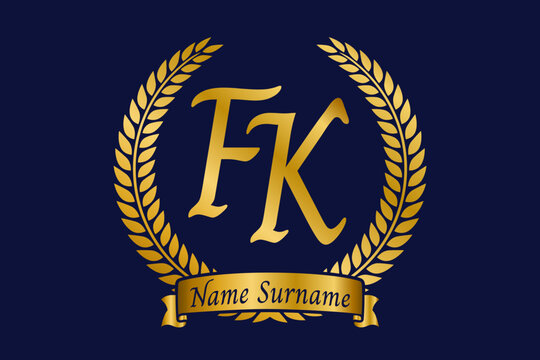Initial letter F and K, FK monogram logo design with laurel wreath. Luxury golden calligraphy font.
