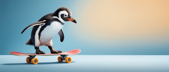 Penguin confidently riding a skateboard with style
