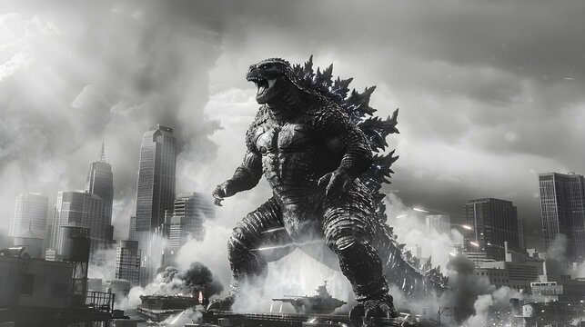 Monstrous Godzilla wreaking havoc in urban setting depicted in grayscale tones. Concept Godzilla, Urban Destruction, Grayscale Tones, Monstrous Scenes, Epic Battle