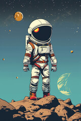 A retro-futuristic illustration of an astronaut standing on an alien planet, with a stylized depiction of space and celestial bodies in the background.