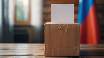 A cardboard box with a piece of paper sticking out of it. Russian flag in the background - obrazy, fototapety, plakaty